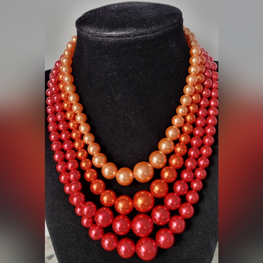 Vintage Japan  Multi-Strand Red and Orange Pearl Necklace